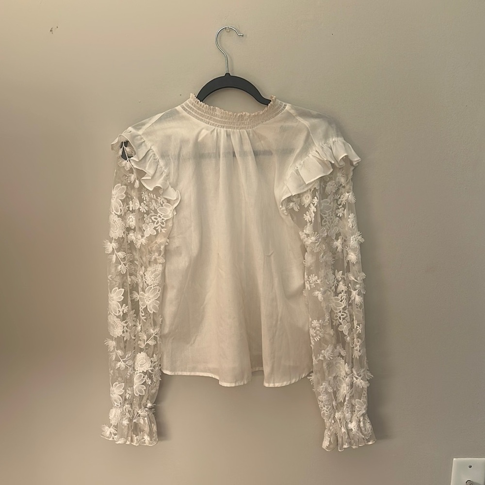 Cream Sheer Ruffled Long Sleeve Blouse